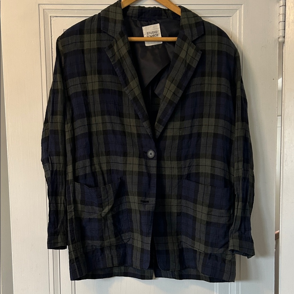 Studio Tomboy Women's Plaid Blazer - Navy and Olive.